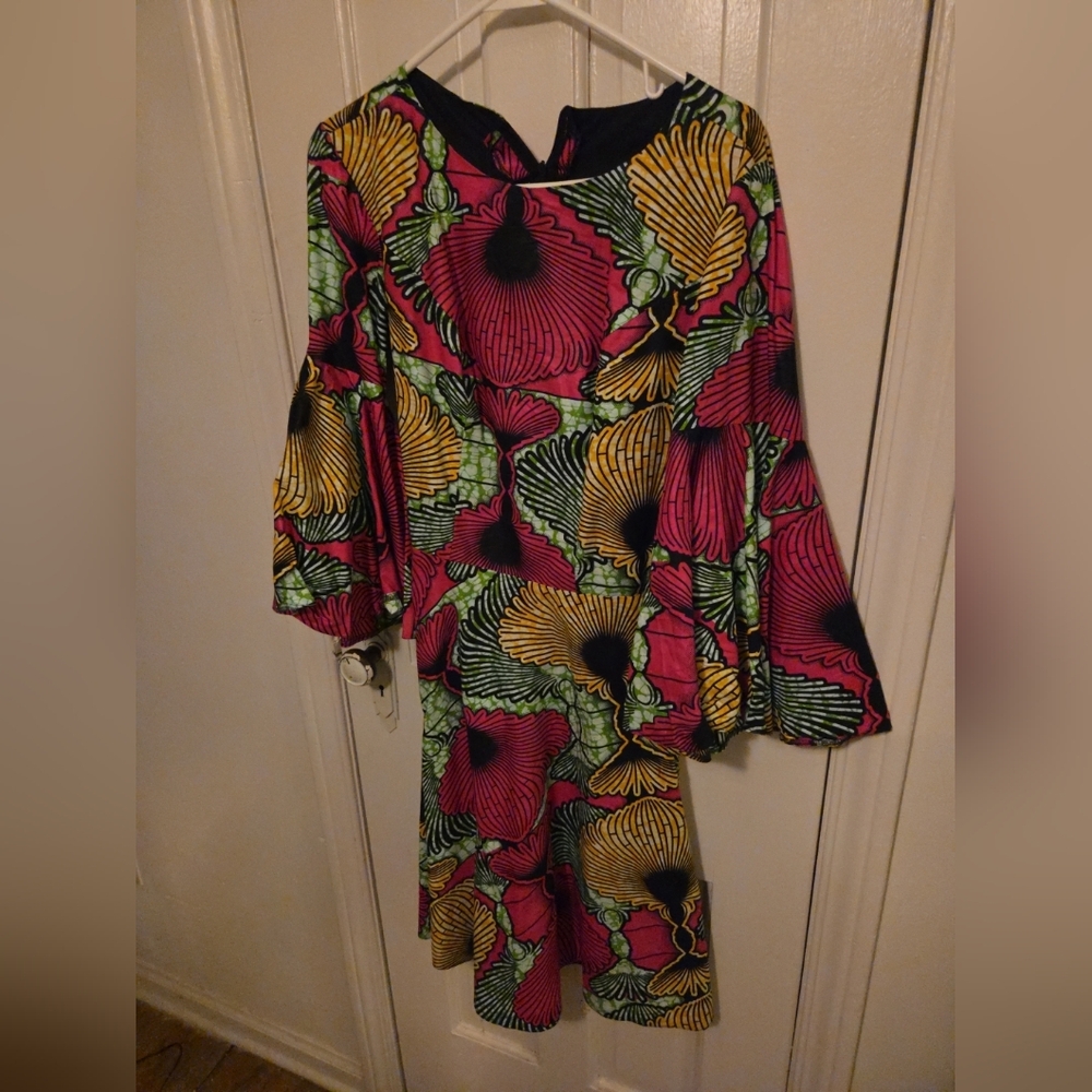 Custom African Wax Vibrant Floral Bell-Sleeve Dress in Pink & Yellow